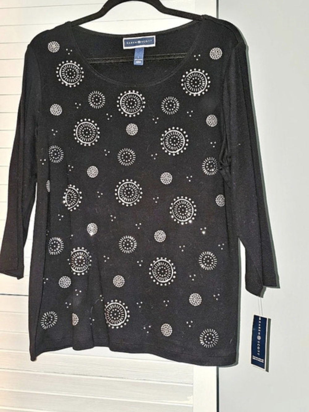 Karen Scott Geometric Short Sleeve Top in Black Silver Embellishments Large NWT